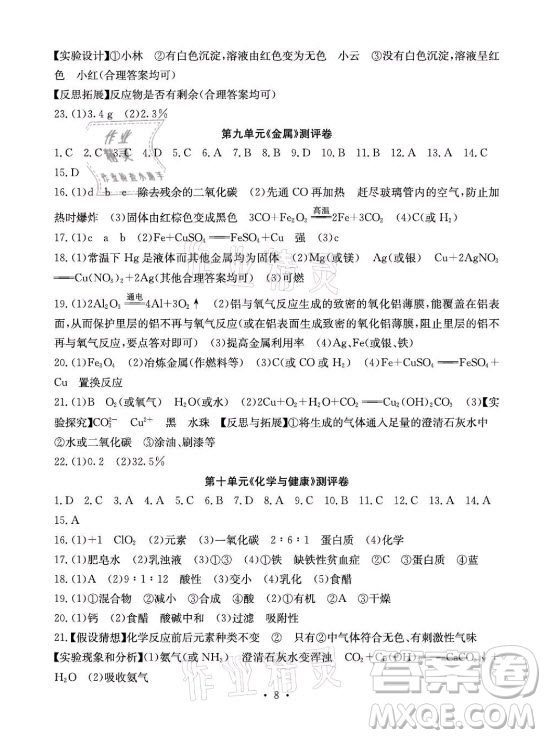 光明日報出版社2021大顯身手素質教育單元測評卷化學九年級全一冊魯教版答案