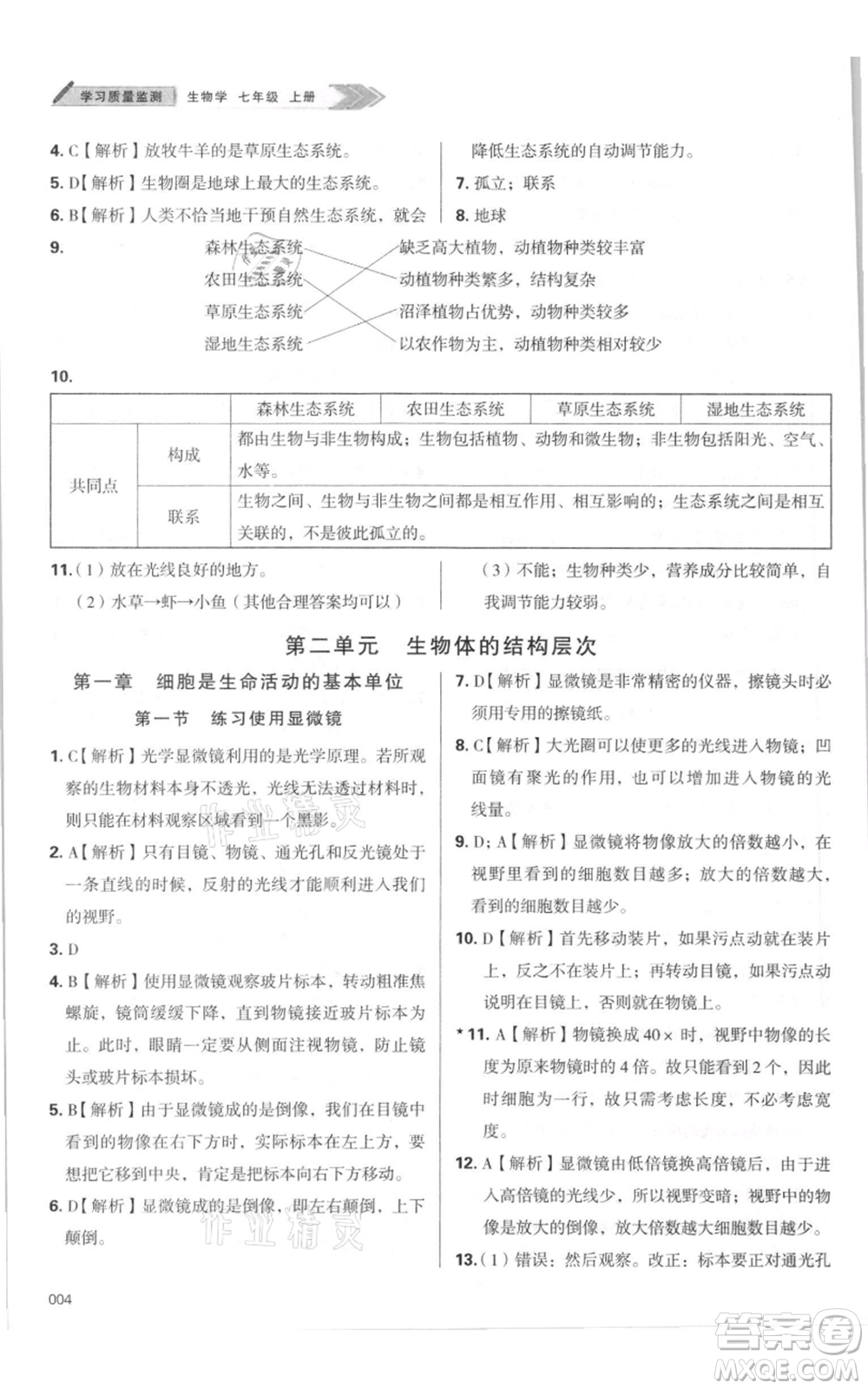 天津教育出版社2021學(xué)習(xí)質(zhì)量監(jiān)測七年級上冊生物人教版參考答案