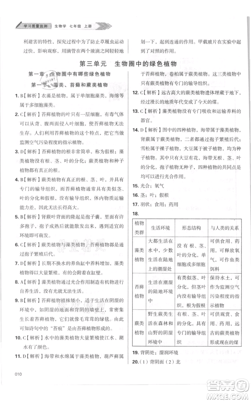天津教育出版社2021學(xué)習(xí)質(zhì)量監(jiān)測七年級上冊生物人教版參考答案