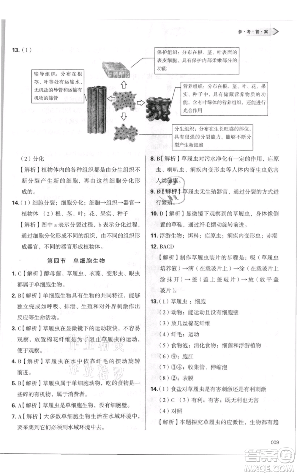 天津教育出版社2021學(xué)習(xí)質(zhì)量監(jiān)測七年級上冊生物人教版參考答案