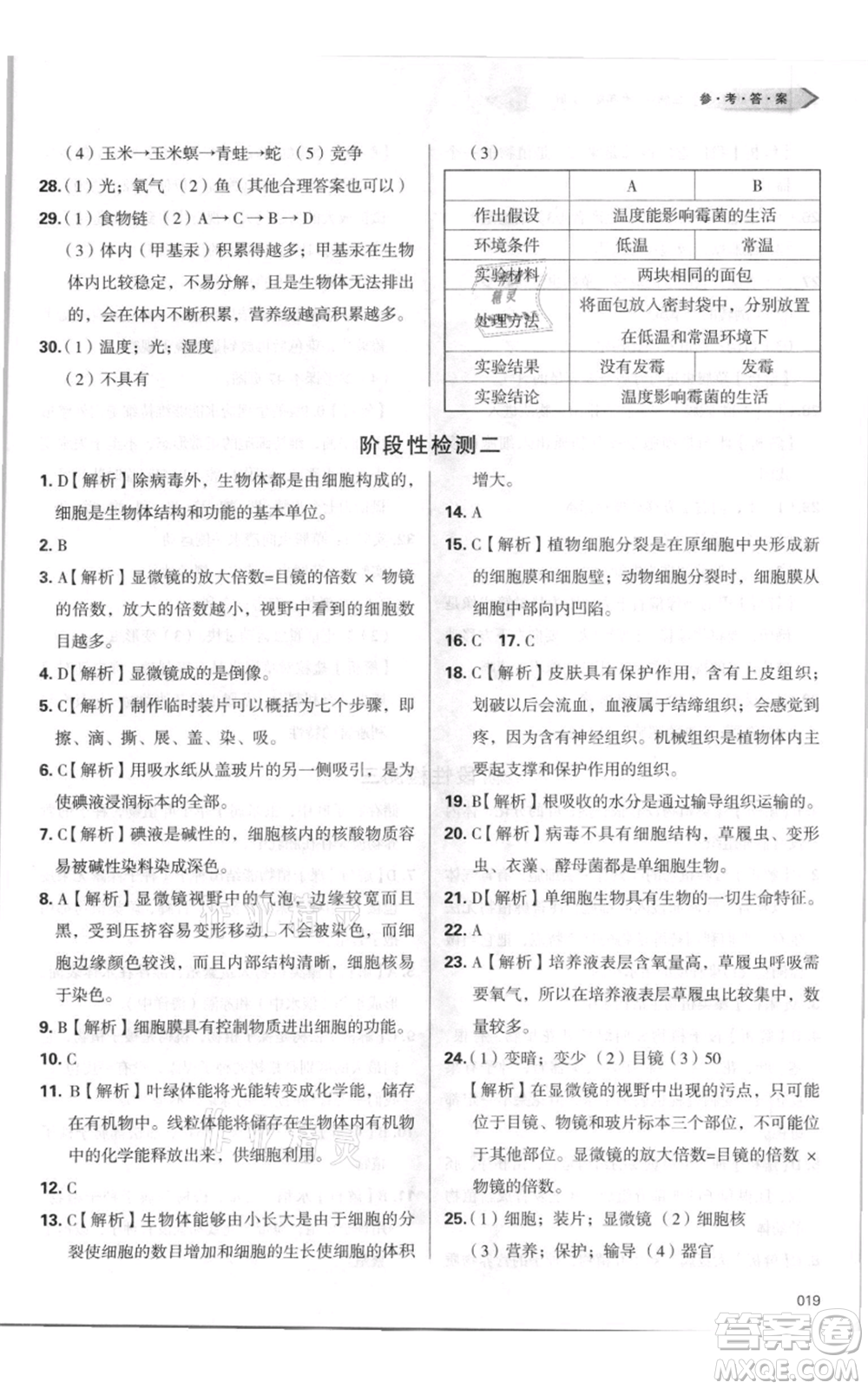 天津教育出版社2021學(xué)習(xí)質(zhì)量監(jiān)測七年級上冊生物人教版參考答案
