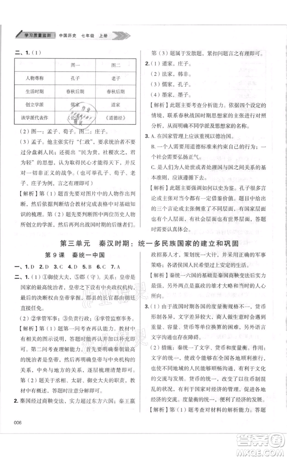 天津教育出版社2021學(xué)習(xí)質(zhì)量監(jiān)測(cè)七年級(jí)上冊(cè)歷史人教版參考答案