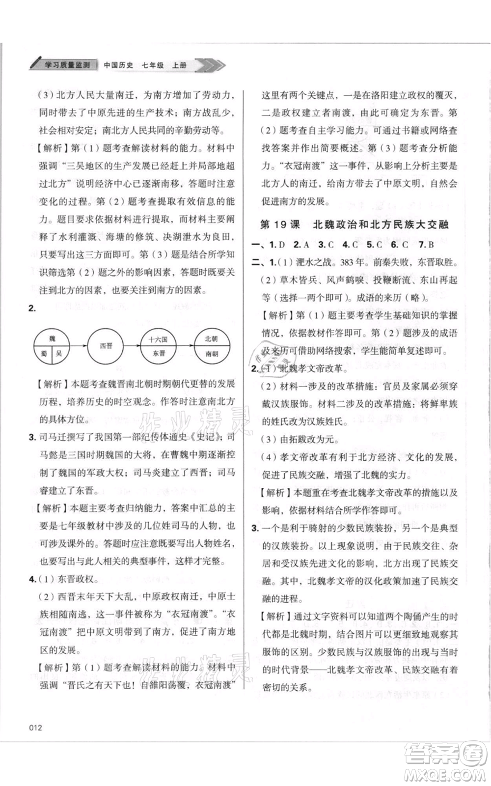 天津教育出版社2021學(xué)習(xí)質(zhì)量監(jiān)測(cè)七年級(jí)上冊(cè)歷史人教版參考答案