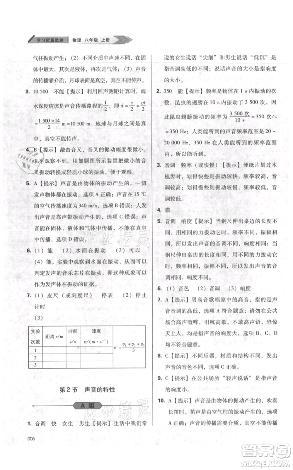 天津教育出版社2021學(xué)習(xí)質(zhì)量監(jiān)測八年級(jí)上冊(cè)物理人教版參考答案