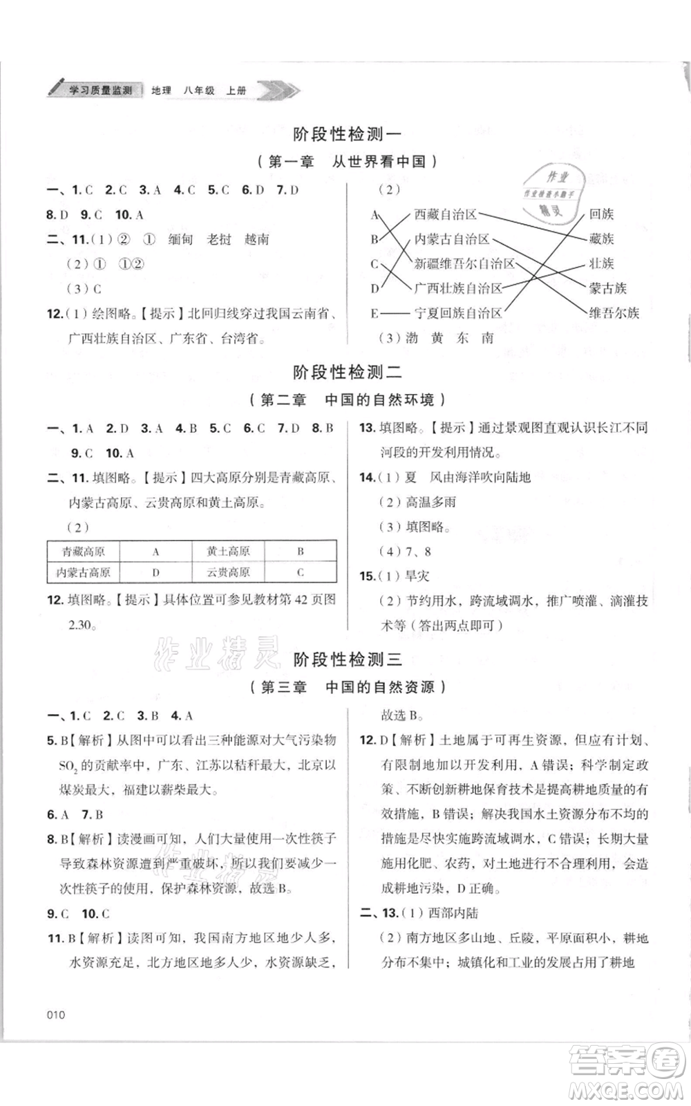天津教育出版社2021學(xué)習(xí)質(zhì)量監(jiān)測八年級上冊地理人教版參考答案