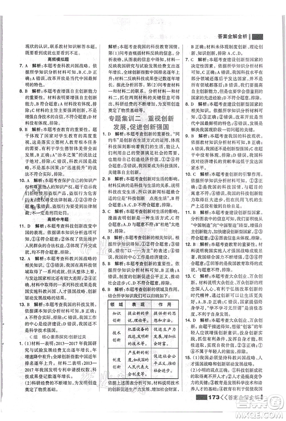 河北美術(shù)出版社2021考點集訓與滿分備考九年級道德與法治上冊人教版答案