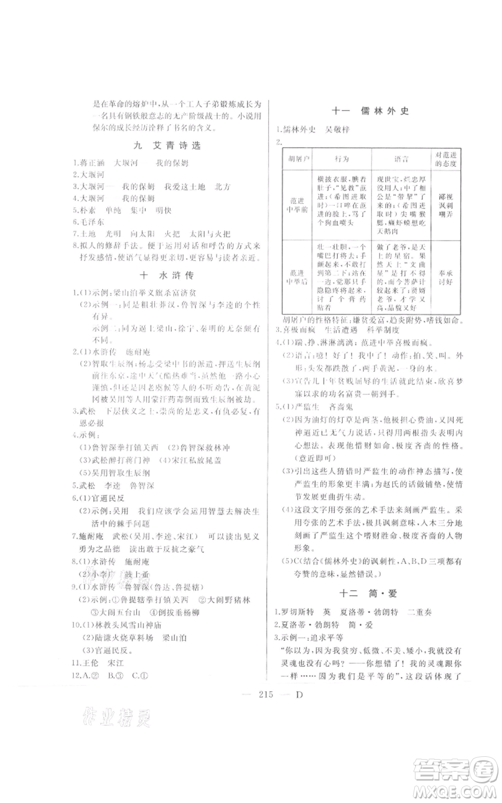 延邊人民出版社2021總復(fù)習(xí)測試九年級語文人教版大慶專版參考答案