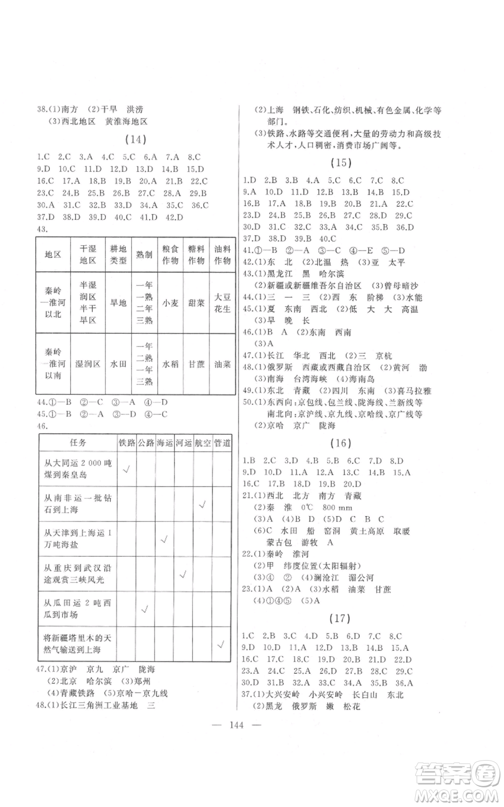湖南地圖出版社2021總復(fù)習(xí)測試九年級(jí)地理人教版參考答案