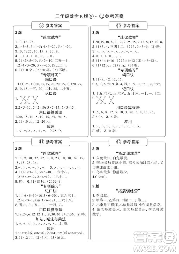 2021年時代學習報二年級上數(shù)學R版人教版9-16期參考答案
