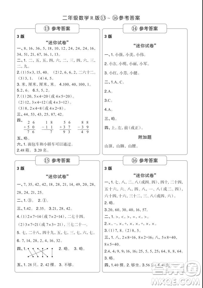 2021年時代學習報二年級上數(shù)學R版人教版9-16期參考答案