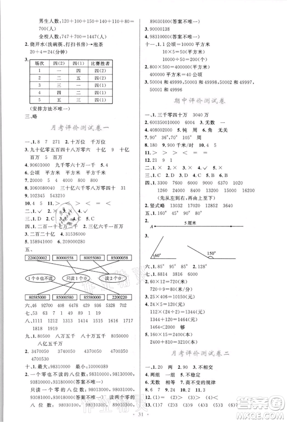 人民教育出版社2021小學(xué)同步測(cè)控優(yōu)化設(shè)計(jì)四年級(jí)上冊(cè)數(shù)學(xué)人教版新疆專版參考答案