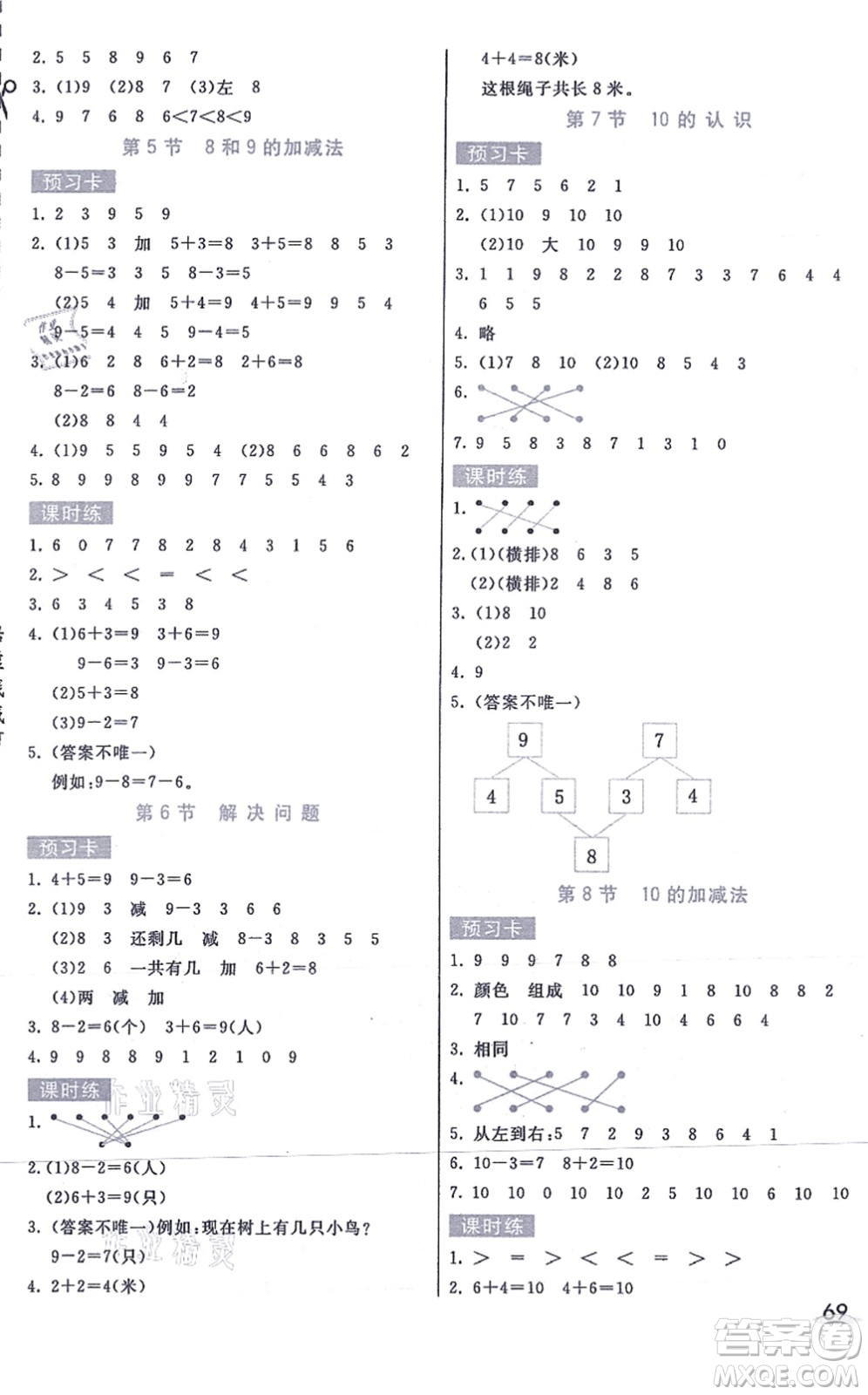 河北教育出版社2021七彩課堂一年級(jí)數(shù)學(xué)上冊人教版答案