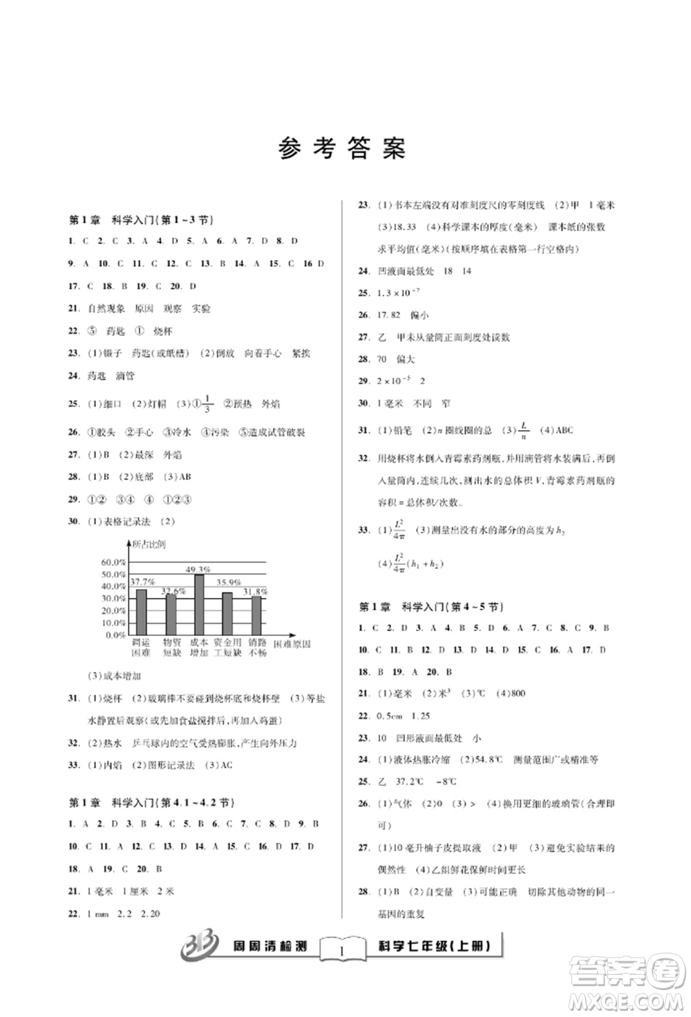云南科技出版社2021周周清檢測(cè)七年級(jí)科學(xué)上冊(cè)浙教版參考答案