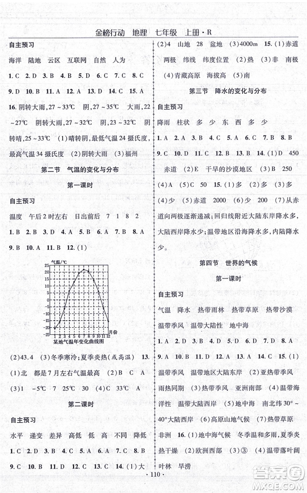 湖北科學技術出版社2021金榜行動課時導學案七年級地理上冊R人教版答案