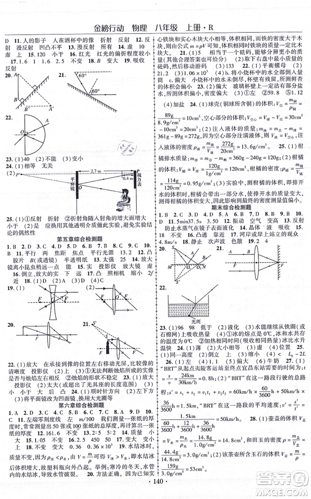 云南美術(shù)出版社2021金榜行動課時(shí)導(dǎo)學(xué)案八年級物理上冊R人教版答案