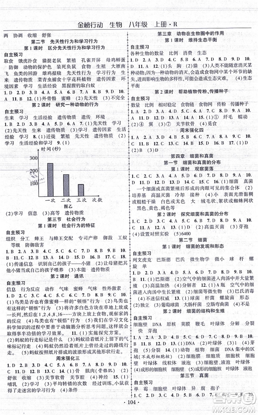 湖北科學(xué)技術(shù)出版社2021金榜行動(dòng)課時(shí)導(dǎo)學(xué)案八年級生物上冊R人教版答案
