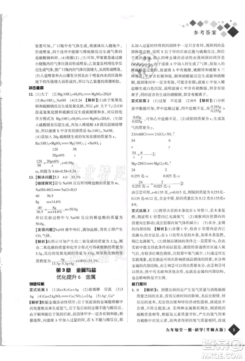 延邊人民出版社2021勵耘新培優(yōu)九年級科學華師大版參考答案