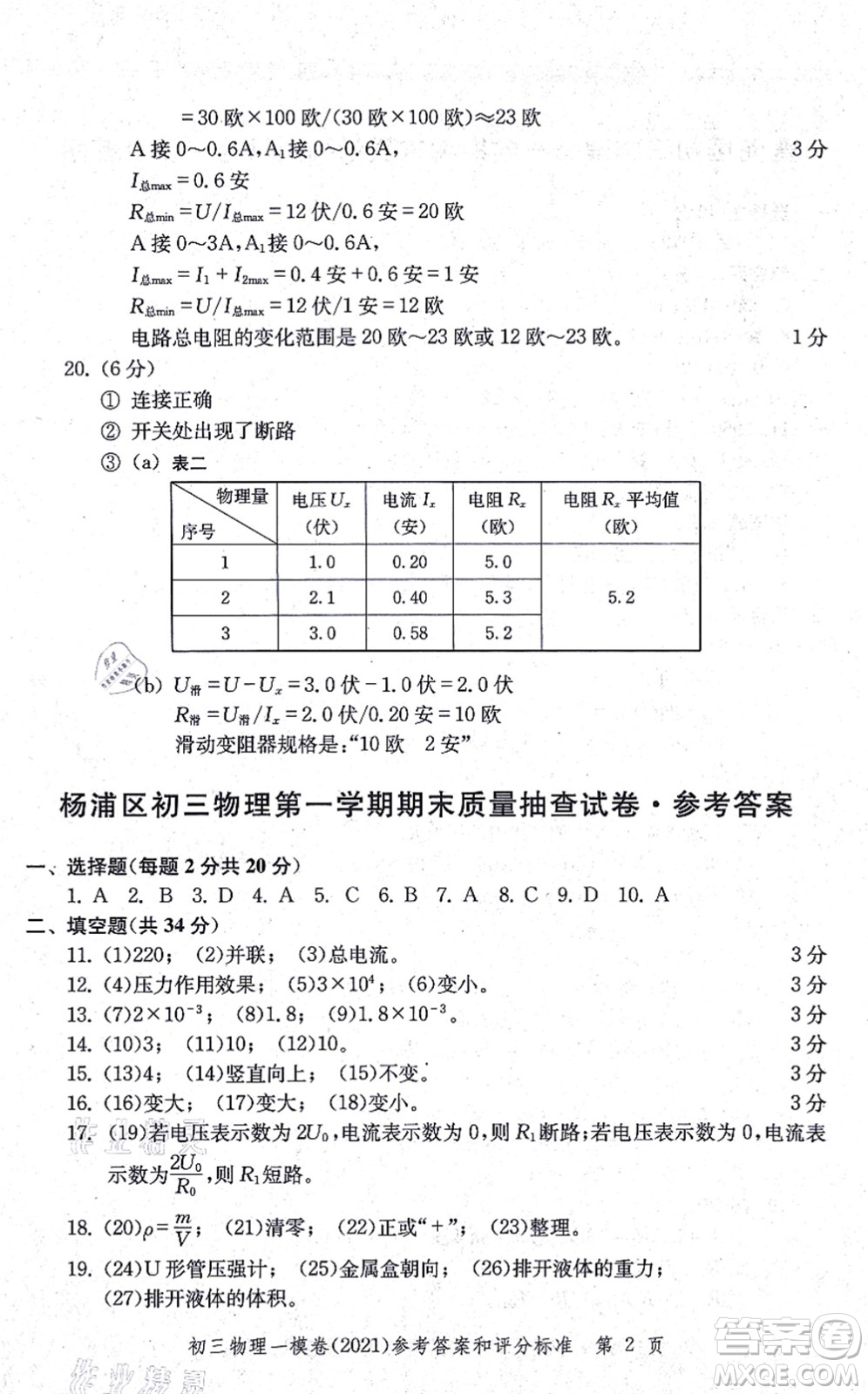 中西書(shū)局2021文化課強(qiáng)化訓(xùn)練一模卷九年級(jí)物理上冊(cè)通用版答案