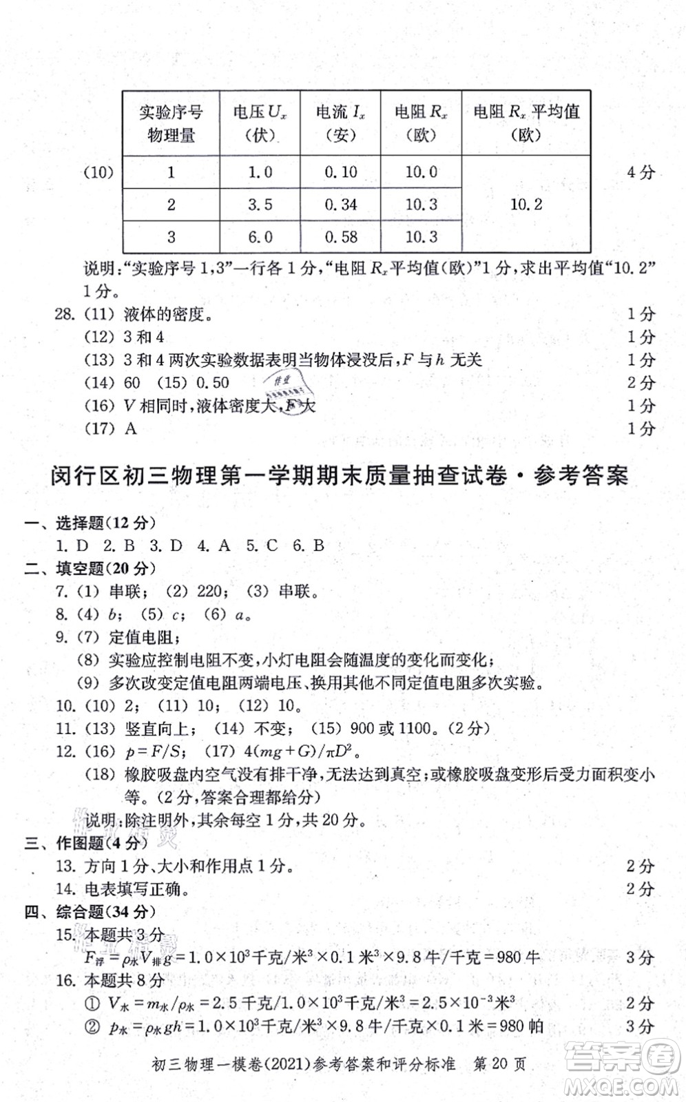 中西書(shū)局2021文化課強(qiáng)化訓(xùn)練一模卷九年級(jí)物理上冊(cè)通用版答案
