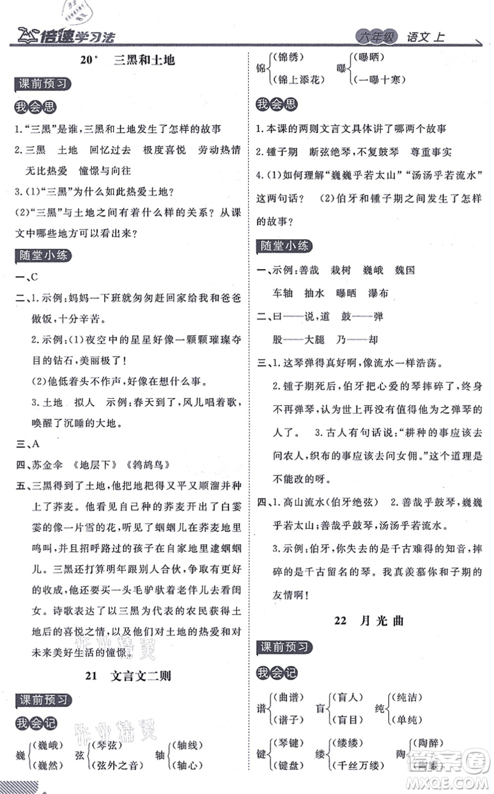 開明出版社2021倍速學(xué)習(xí)法六年級(jí)語(yǔ)文上冊(cè)人教版答案