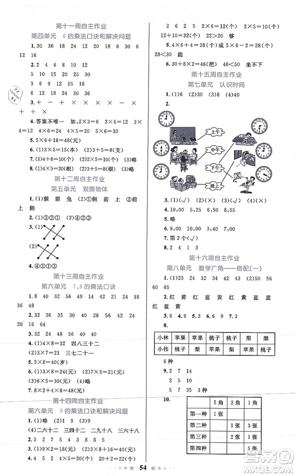 知識出版社2021小學同步測控全優(yōu)設計超人天天練二年級數(shù)學上冊RJ人教版答案