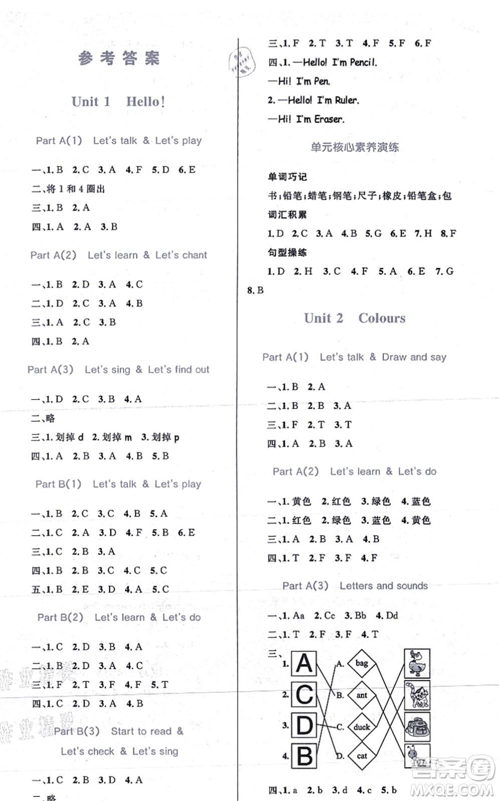 知識出版社2021小學同步測控全優(yōu)設(shè)計超人天天練三年級英語上冊RJ人教版答案