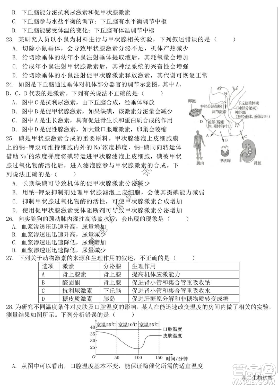 哈爾濱市第六中學2020級上學期期中考試高二生物試題及答案