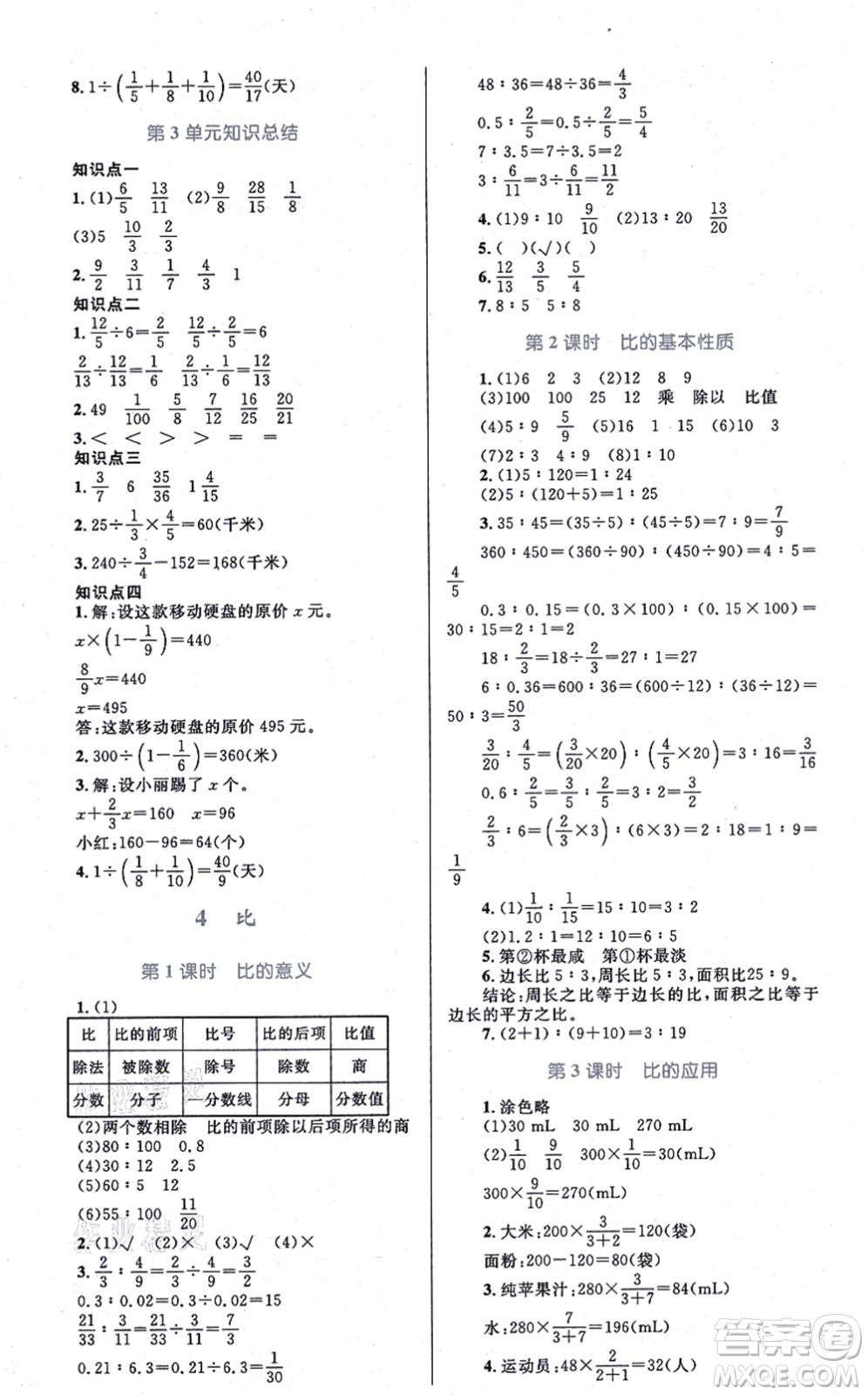 知識出版社2021小學同步測控全優(yōu)設計超人天天練六年級數(shù)學上冊RJ人教版答案