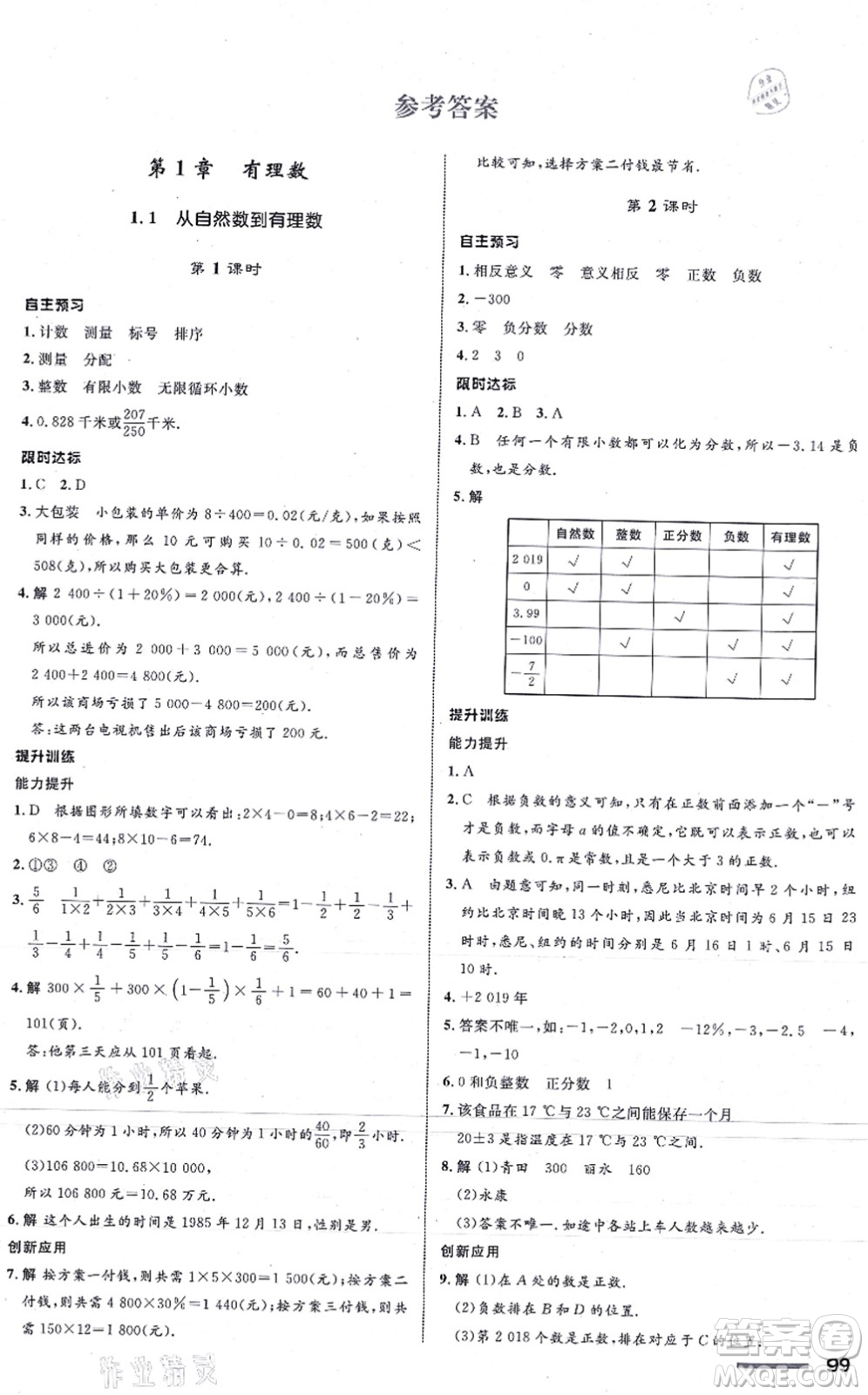 浙江教育出版社2021初中同步測控全優(yōu)設(shè)計七年級數(shù)學(xué)上冊ZH浙教版浙江專版答案