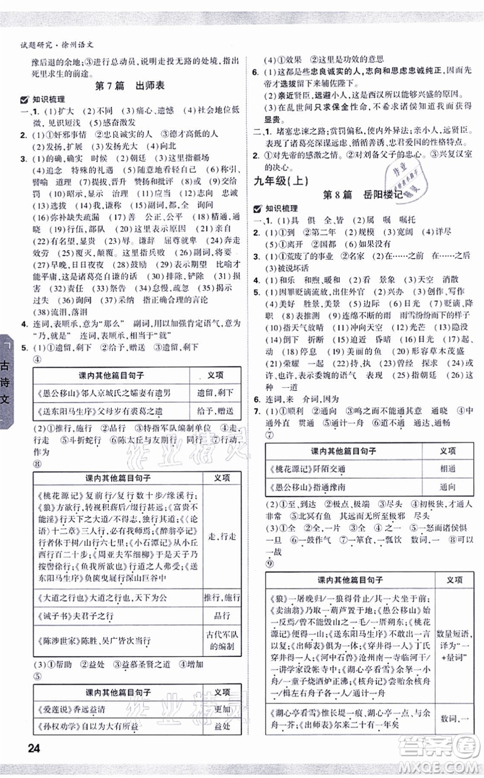 新疆青少年出版社2021萬唯中考試題研究九年級(jí)語文徐州專版答案