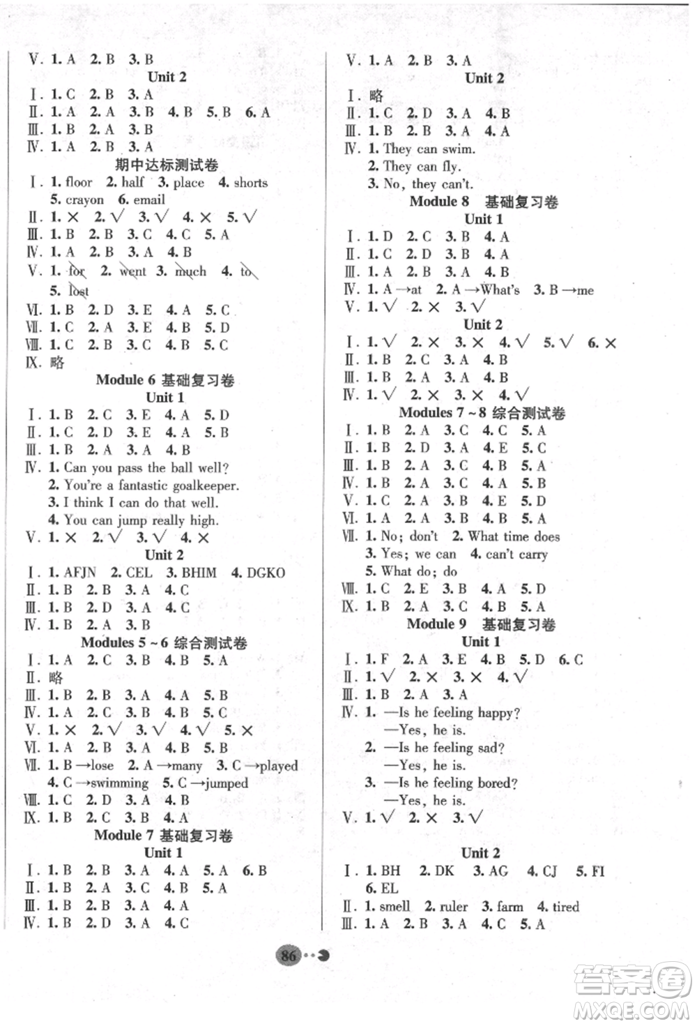 北京聯(lián)合出版公司2021活力英語全程檢測(cè)卷三年級(jí)起點(diǎn)五年級(jí)上冊(cè)外研版參考答案
