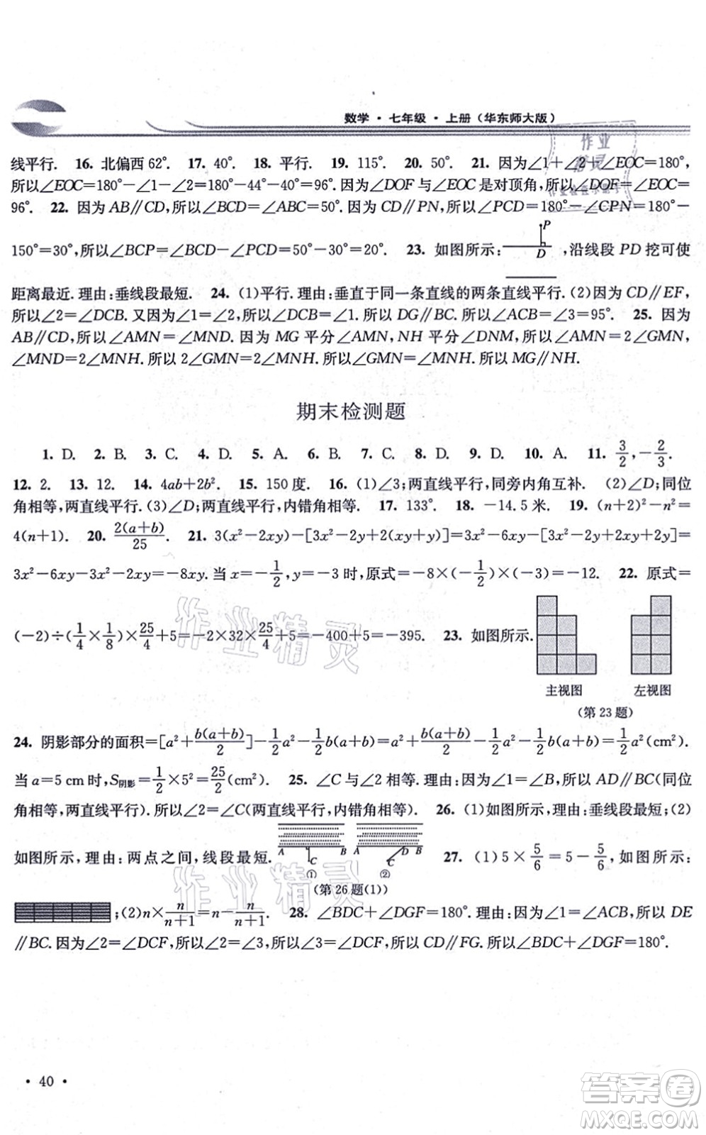 華東師范大學(xué)出版社2021學(xué)習(xí)檢測七年級數(shù)學(xué)上冊華東師大版河南專版答案