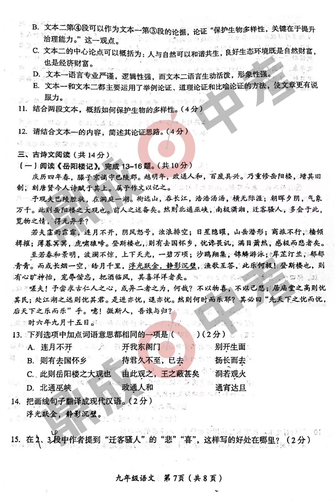 河南省實驗中學2021-2022學年上學期九年級語文期中試卷及答案