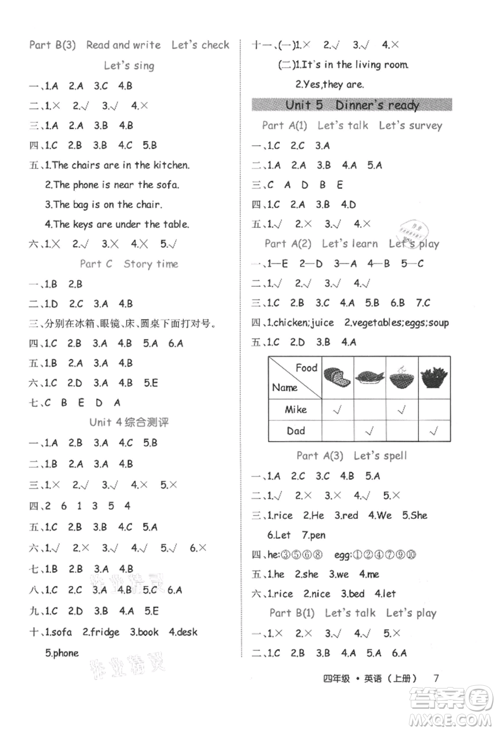 內(nèi)蒙古少年兒童出版社2021細(xì)解巧練四年級(jí)英語上冊人教版參考答案