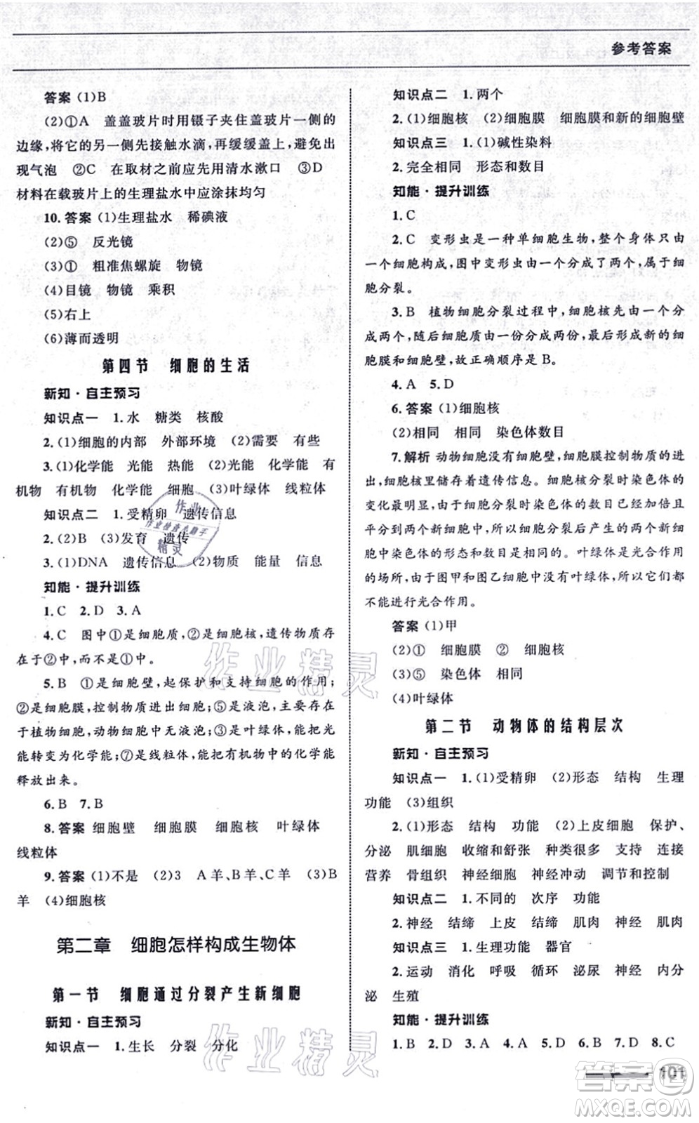 甘肅教育出版社2021生物配套綜合練習七年級上冊人教版答案