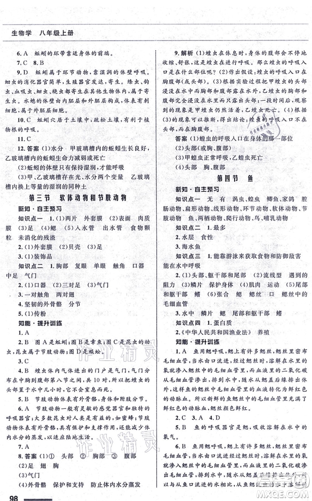 甘肅教育出版社2021生物配套綜合練習八年級上冊人教版答案