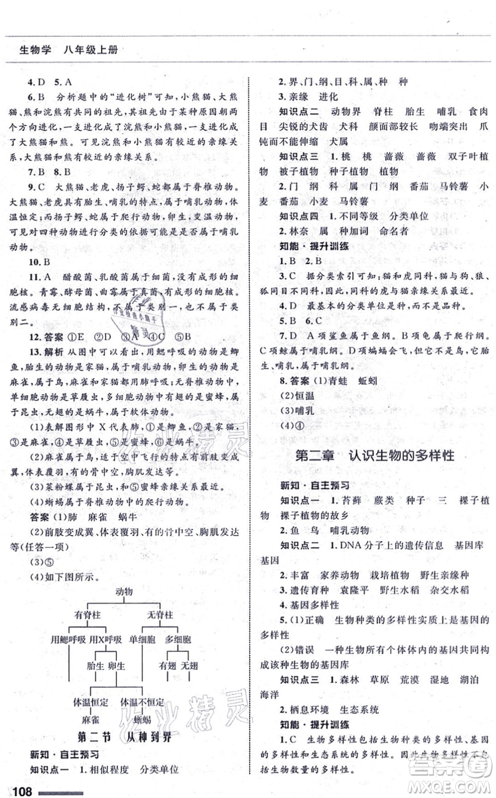 甘肅教育出版社2021生物配套綜合練習八年級上冊人教版答案