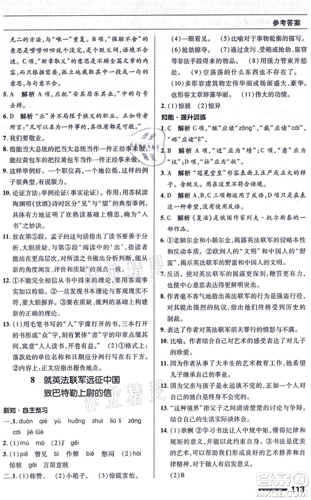 北京師范大學出版社2021語文配套綜合練習九年級上冊人教版答案