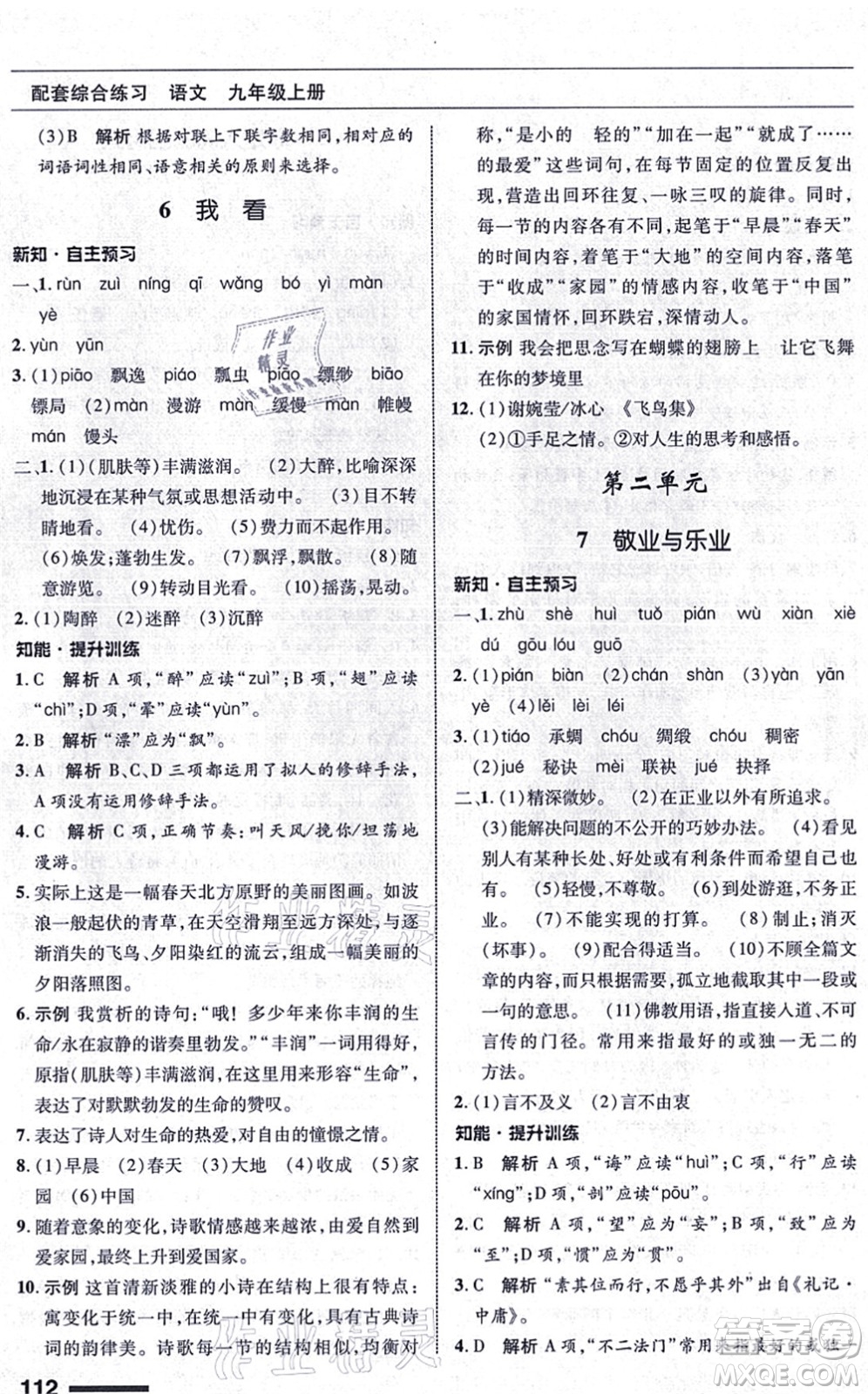 北京師范大學出版社2021語文配套綜合練習九年級上冊人教版答案