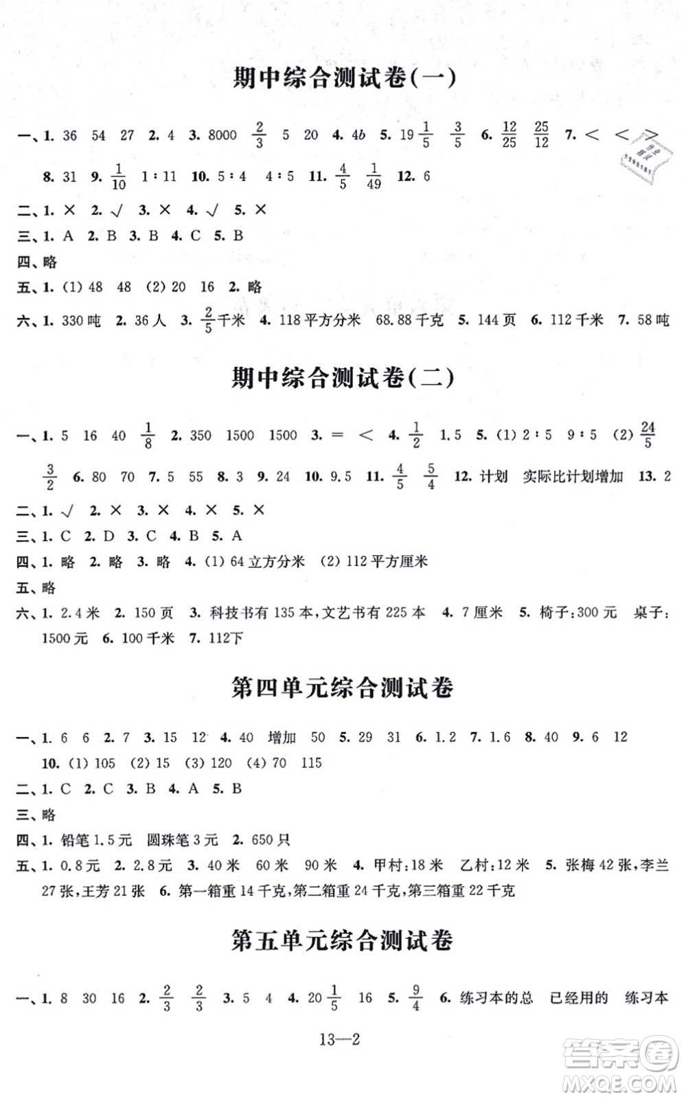 江蘇鳳凰科學(xué)技術(shù)出版社2021同步練習(xí)配套試卷六年級(jí)數(shù)學(xué)上冊(cè)人教版答案