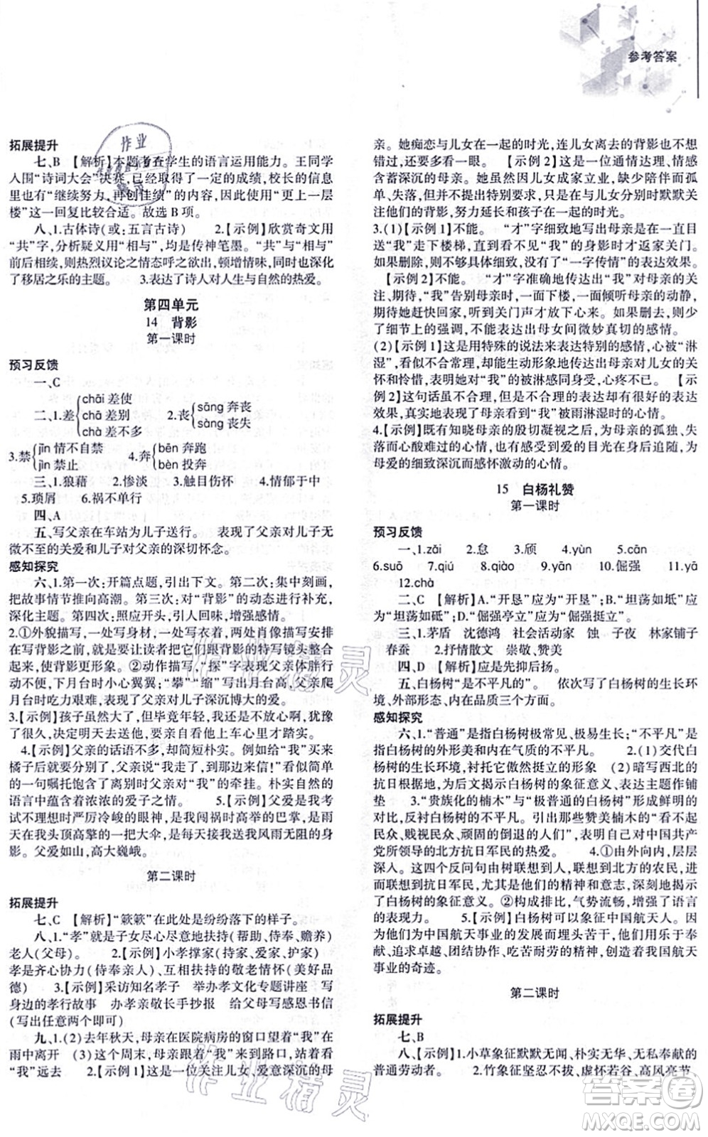 大象出版社2021初中同步練習(xí)冊(cè)八年級(jí)語(yǔ)文上冊(cè)人教版答案