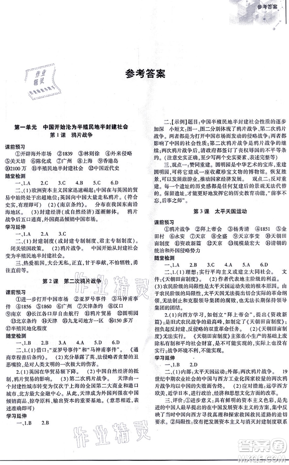 大象出版社2021初中同步練習(xí)冊八年級歷史上冊人教版答案