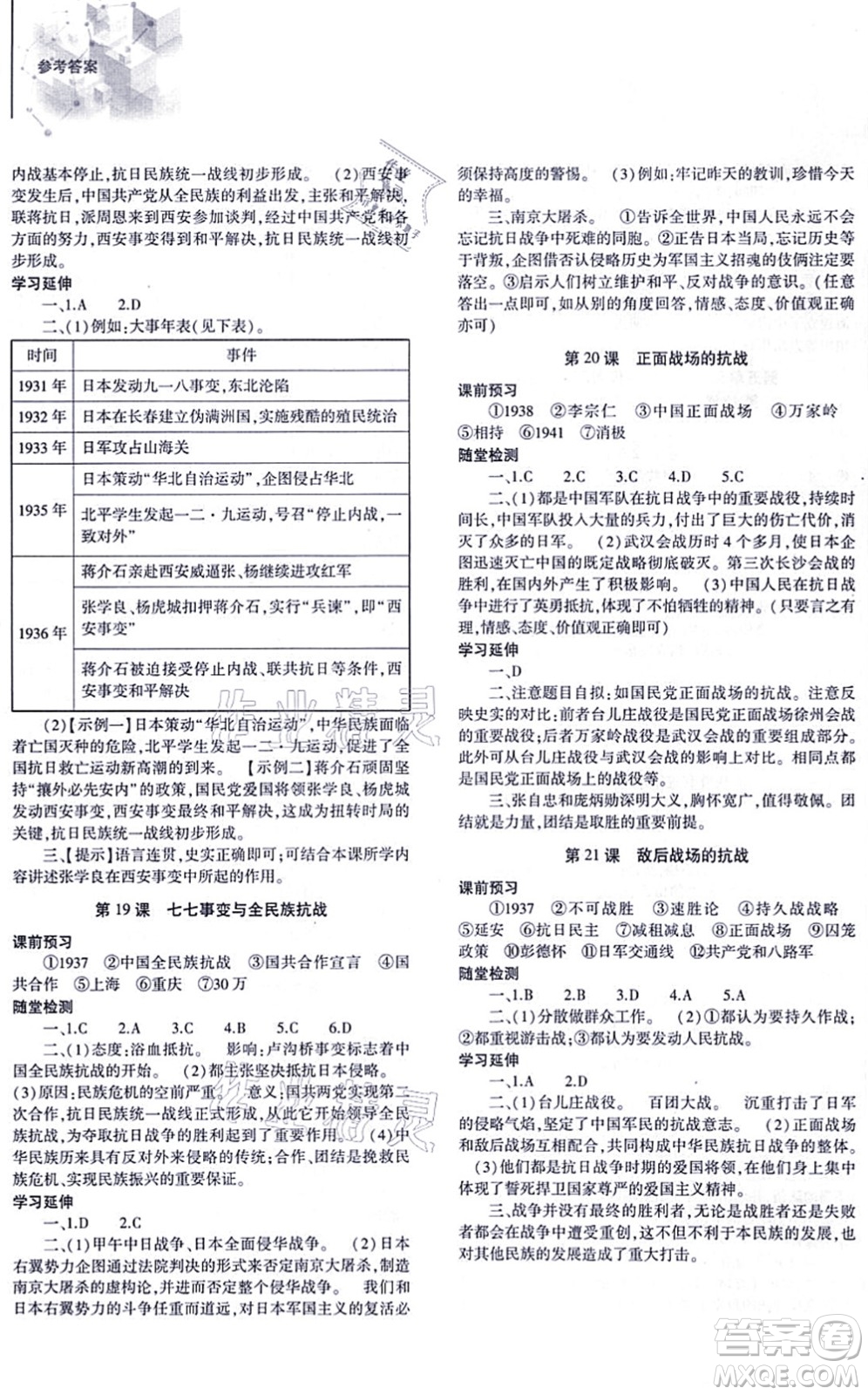 大象出版社2021初中同步練習(xí)冊八年級歷史上冊人教版答案