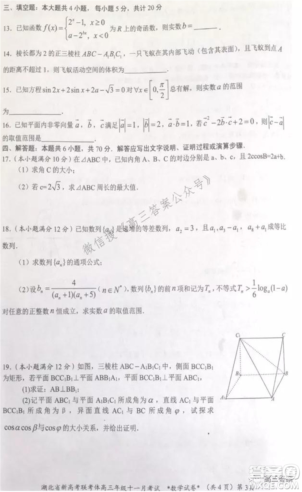 2021年湖北省新高考協作體高三年級十一月考試數學試題及答案