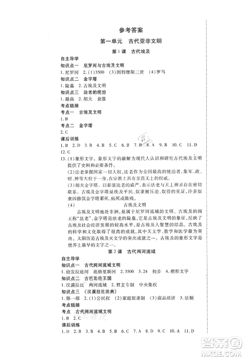 延邊教育出版社2021暢行課堂九年級(jí)歷史上冊(cè)人教版山西專版參考答案