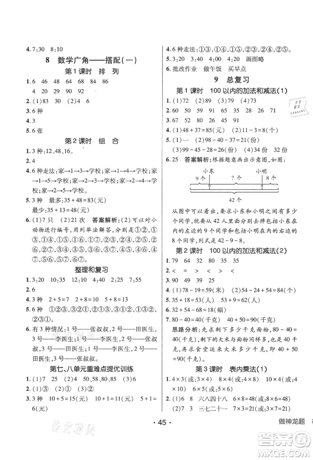 新疆青少年出版社2021同行課課100分過關(guān)作業(yè)二年級(jí)數(shù)學(xué)上冊(cè)人教版參考答案