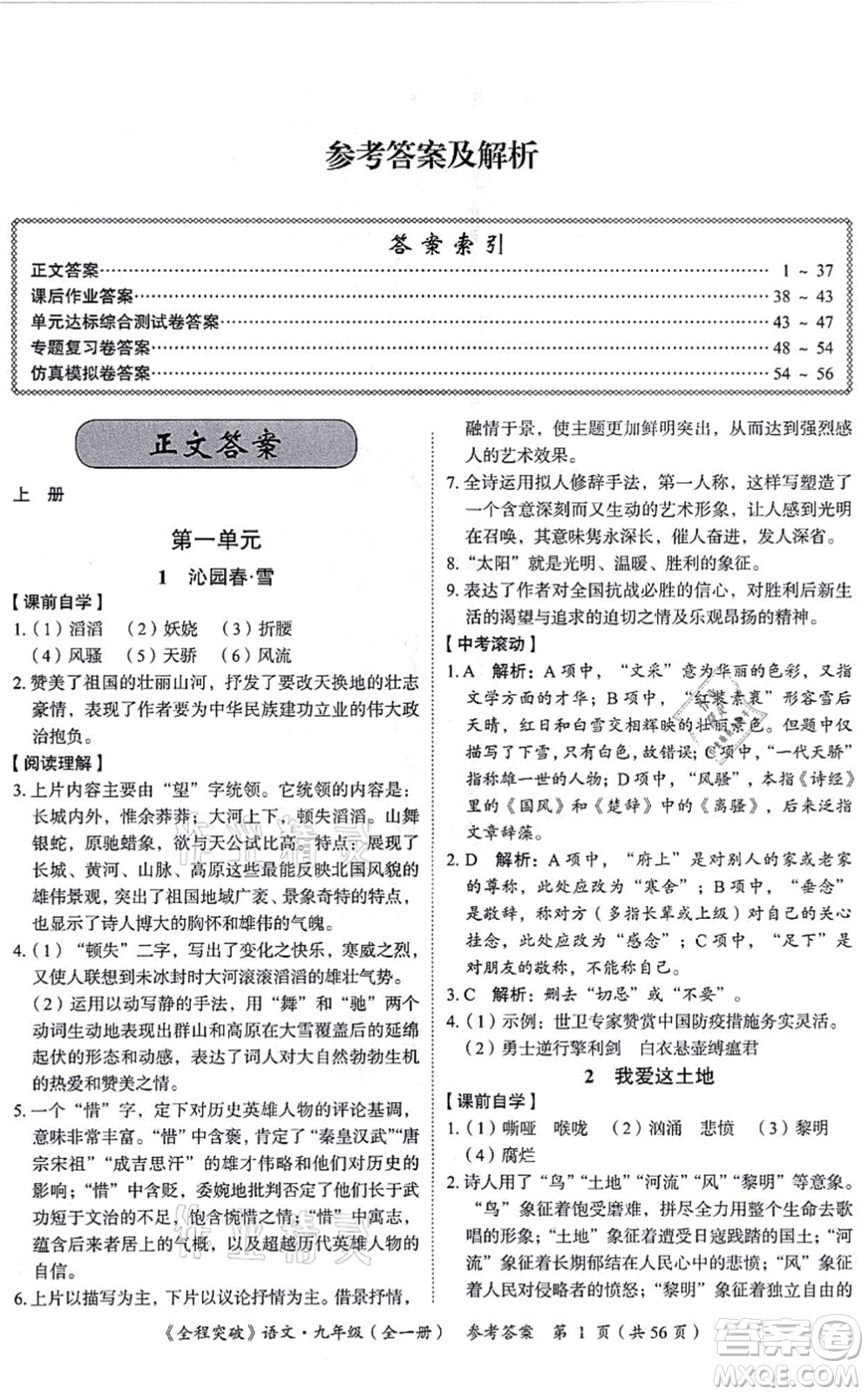 延邊大學(xué)出版社2021思而優(yōu)教育全程突破九年級語文全一冊TB統(tǒng)編版答案