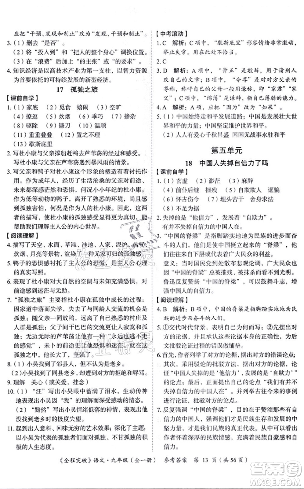 延邊大學(xué)出版社2021思而優(yōu)教育全程突破九年級語文全一冊TB統(tǒng)編版答案