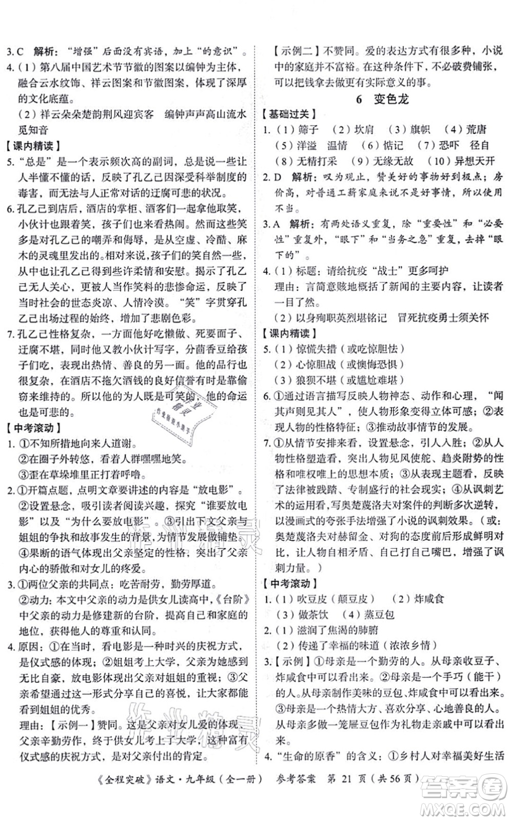 延邊大學(xué)出版社2021思而優(yōu)教育全程突破九年級語文全一冊TB統(tǒng)編版答案