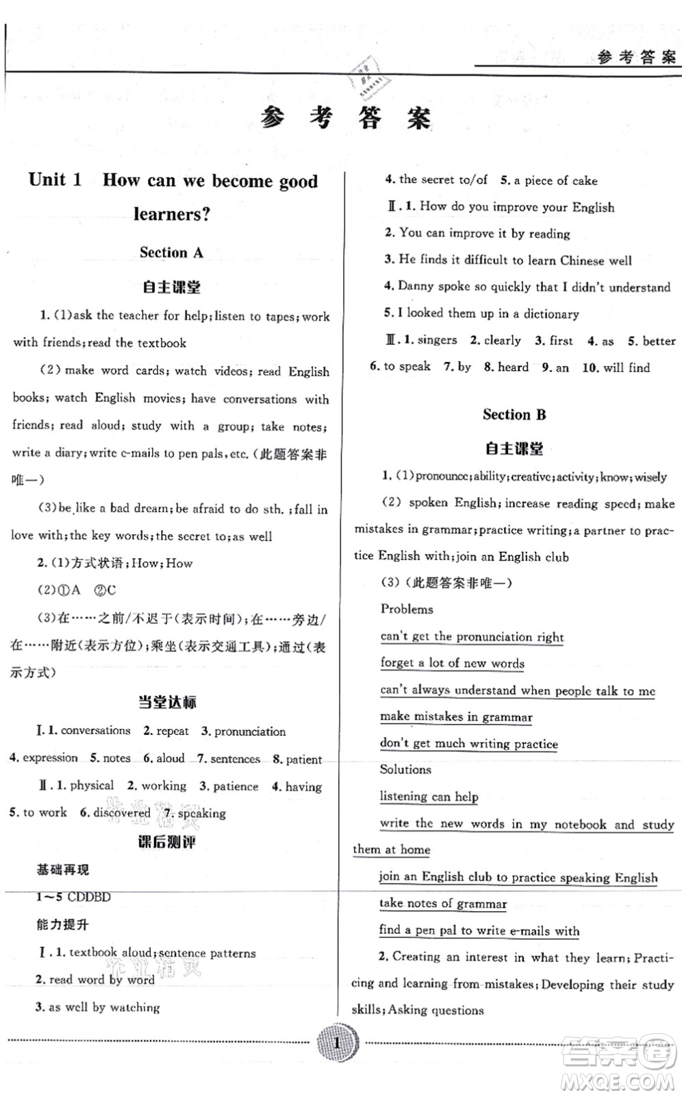 河北少年兒童出版社2021奪冠百分百初中精講精練九年級英語全一冊人教版答案